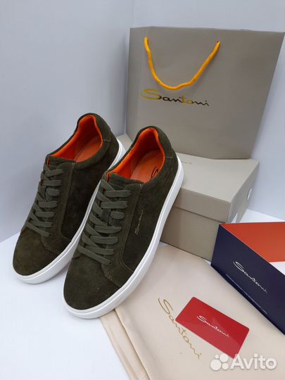 Кеды Santoni мужские хаки зеленые замшевые