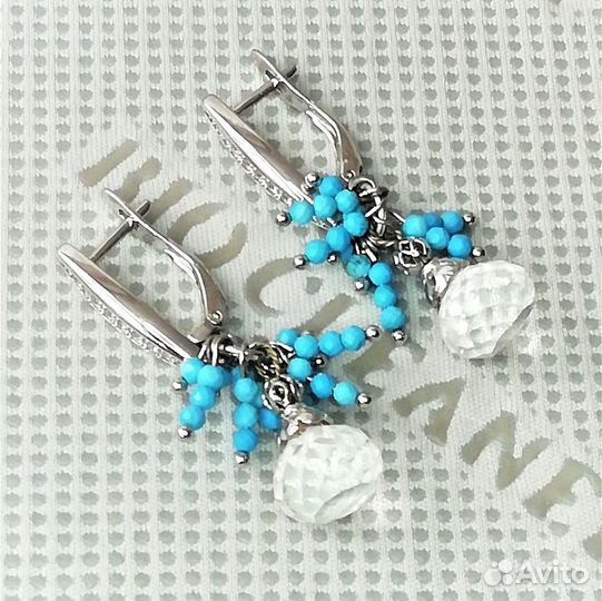 Серьги юв.сплав горный хрусталь, бирюза С571