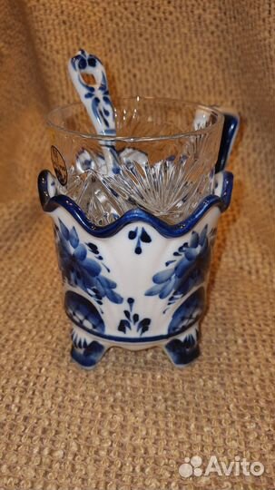 Подстаканник Гжель с хрустальным стаканом