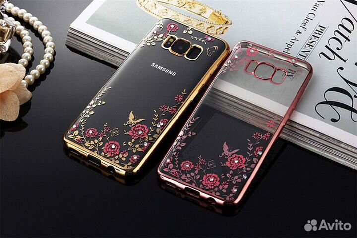 Чехол силиконовый со стразами и цветочками