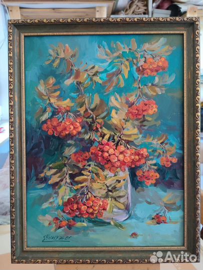 Картина маслом на холсте цветы рябина осень 40х50