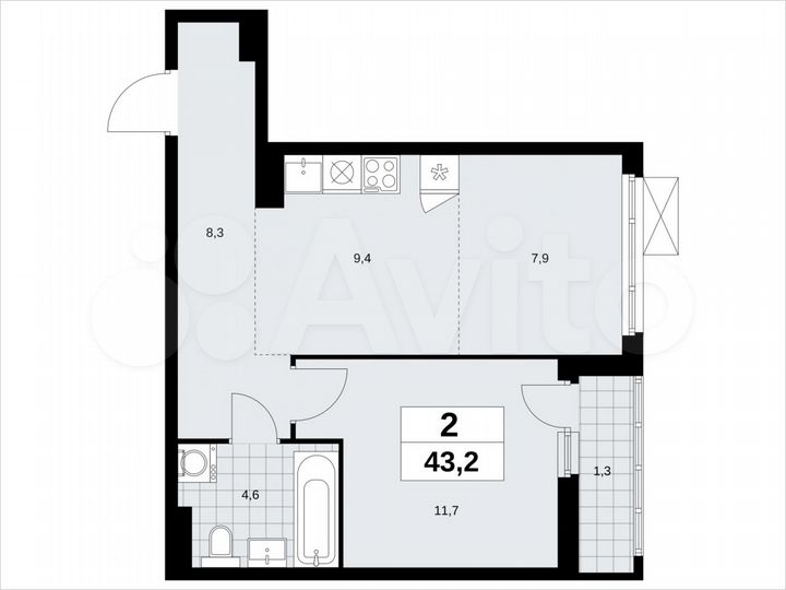 2-к. квартира, 43,2 м², 5/14 эт.