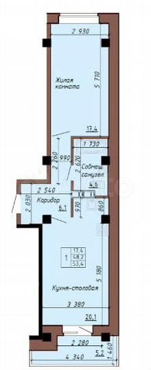 2-к. квартира, 53,4 м², 8/9 эт.