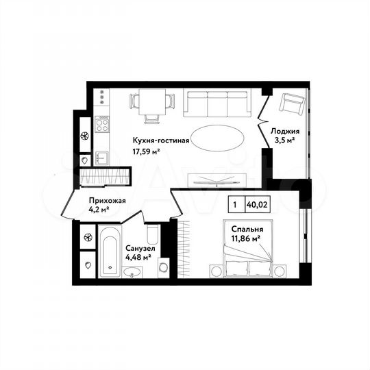 1-к. квартира, 40 м², 9/25 эт.