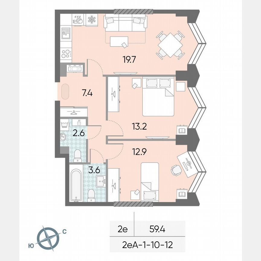 2-к. квартира, 59,4 м², 11/43 эт.