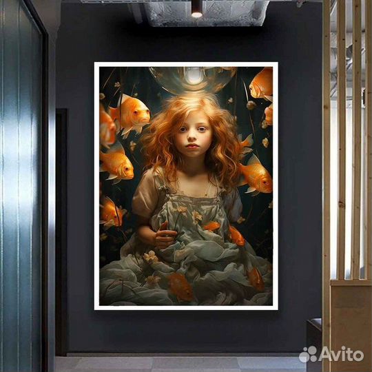Большая картина маслом девочка с рыбками Примерка