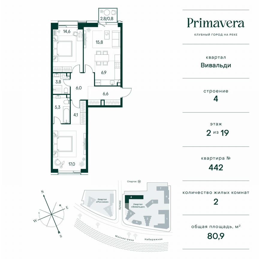 2-к. квартира, 80,9 м², 2/19 эт.