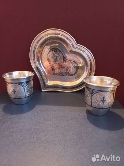 Серебряный набор стопок свадебный на подносе