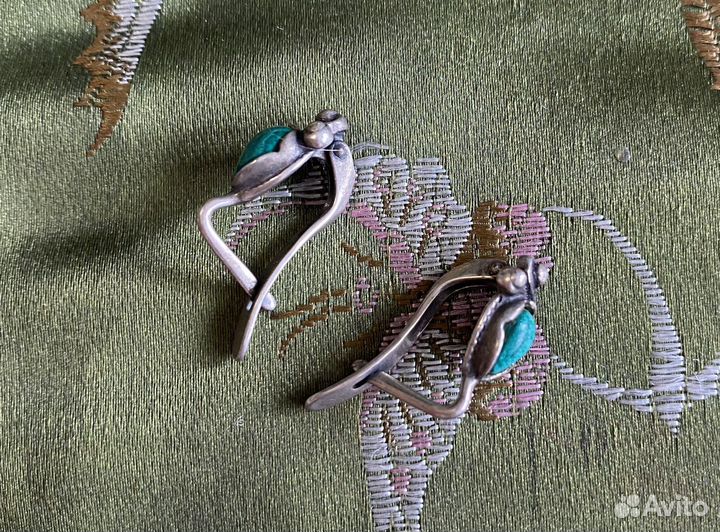 Серебряные серьги с натуральной бирюзой СССР