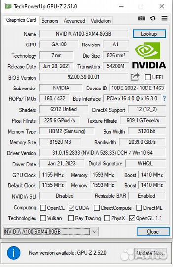 Nvidia A100 80GB PCI-E 4.0 Graphics Model# P1001B