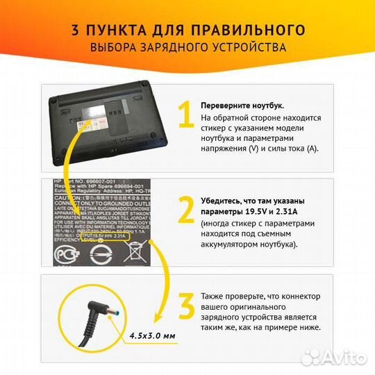 Блок питания для ноутбука HP 19.5V, 2.31A, 45W, 4