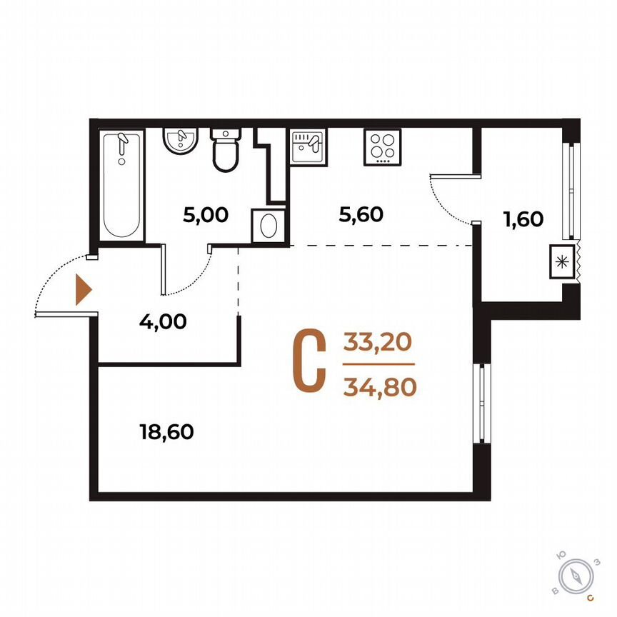 Квартира-студия, 34,8 м², 7/8 эт.