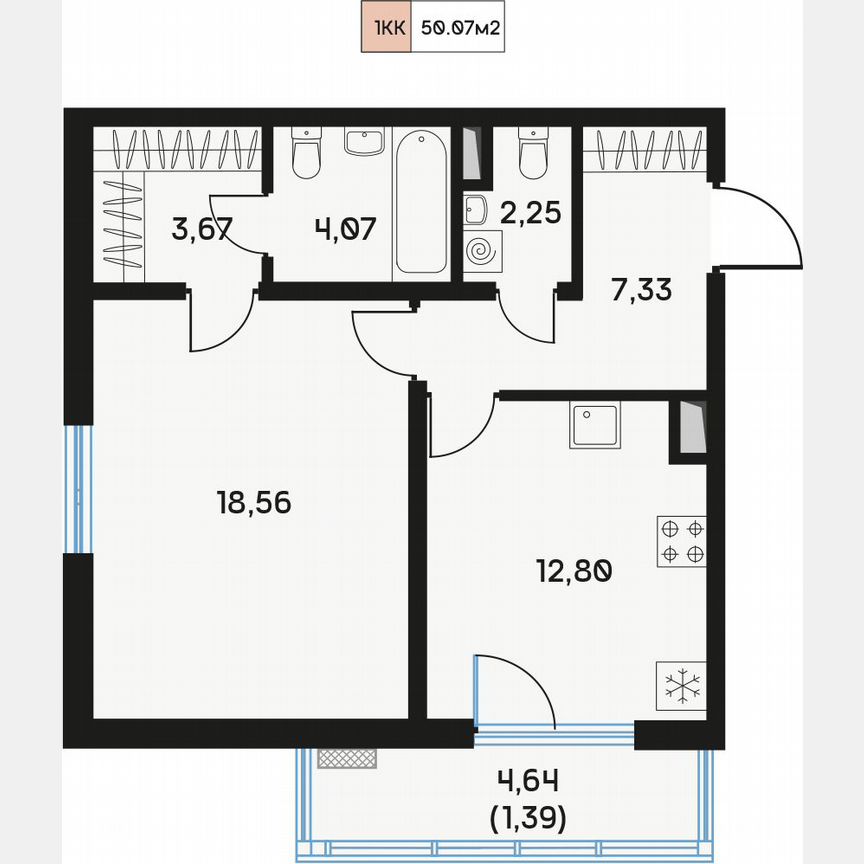 1-к. квартира, 50,8 м², 4/9 эт.
