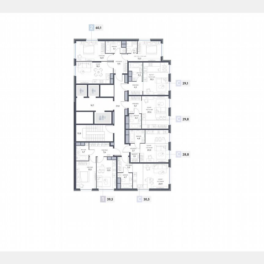 2-к. квартира, 60,1 м², 22/25 эт.