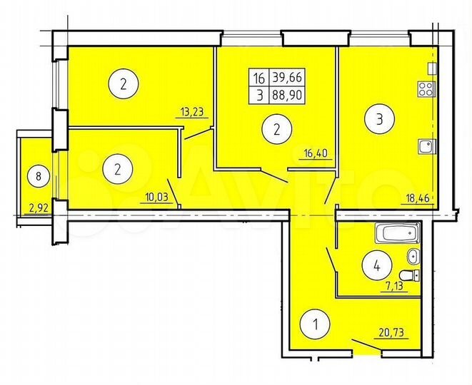 3-к. квартира, 89,4 м², 3/5 эт.