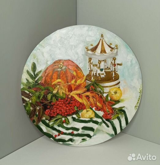 Картина маслом с рябиной на круглом холсте