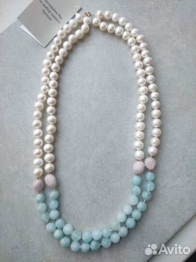 Бусы из жемчуга, аквамарина и кунцита