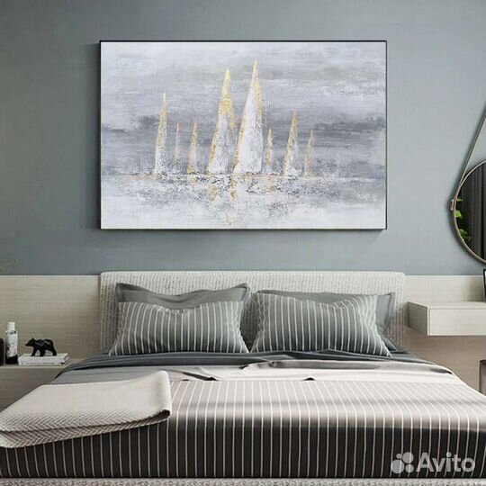Большая картина маслом парусники в тумане