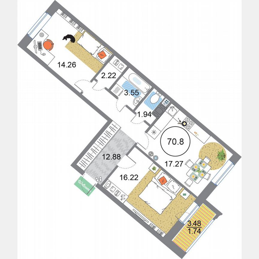 2-к. квартира, 70,1 м², 4/12 эт.