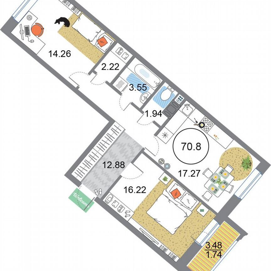 2-к. квартира, 70,1 м², 4/12 эт.