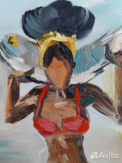 Картина маслом девушка с рыбой и парусником 13х18