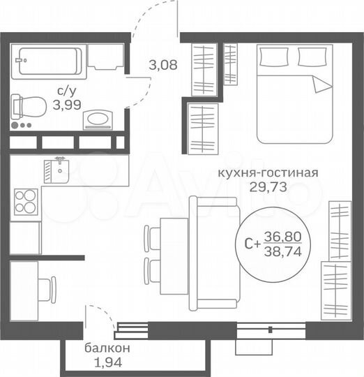 Квартира-студия, 36,8 м², 7/20 эт.