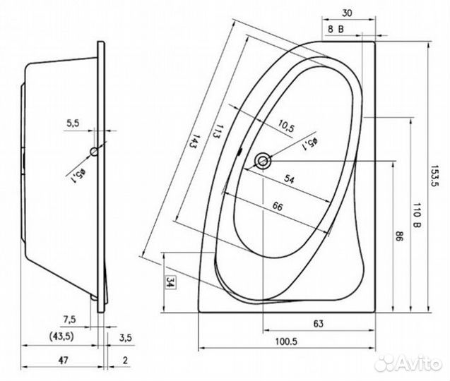 Ванна акриловая Riho Aryl 153x100
