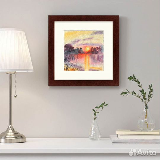 Картина акварелью пейзаж закат 26х26