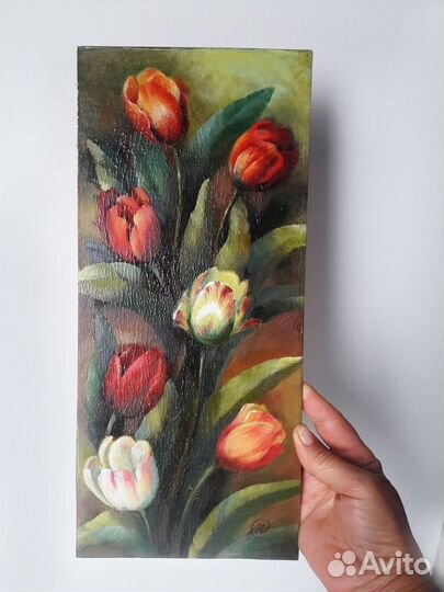 Картина с цветами маслом тюльпаны 16х36см