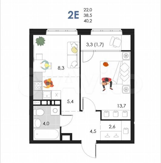 2-к. квартира, 40,2 м², 6/6 эт.