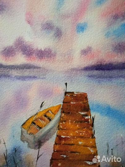 Картина акварель рассвет озеро