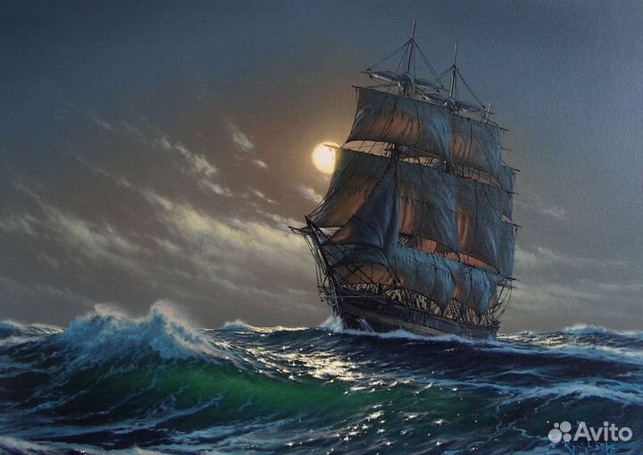 Картина маслом Лунная ночь Парусник Люкс живопись