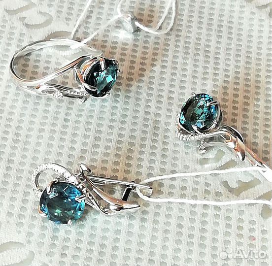 Серьги, кольцо серебро кварц разм.17,0 С593