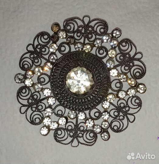 Роскошная старинная брошь, мельхиор, скань