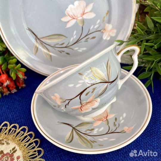 Антиквариат чайное трио Piesau серо-голубая