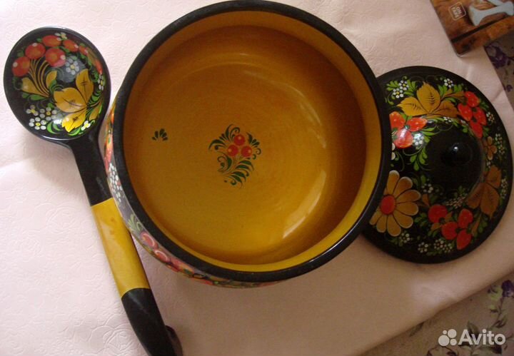 Супница с половником, дерево -липа, Хохлома