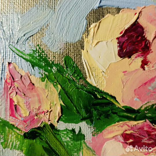 Картина маслом, цветы, пионы, розы, букет