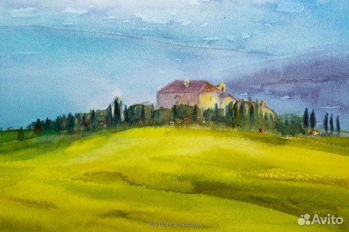 Тосканский пейзаж. Италия. Акварель