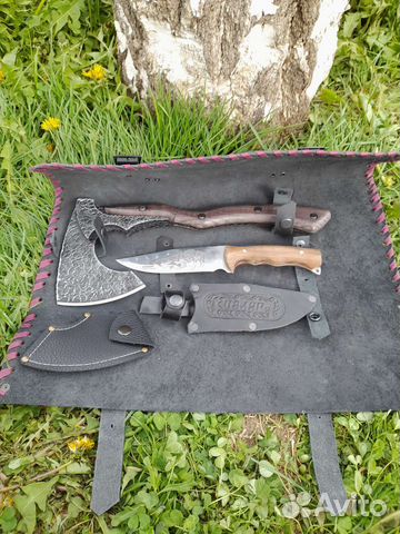 Крутой набор нож топор в кожаной сумке - скрутке