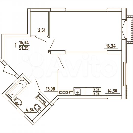1-к. квартира, 51,4 м², 3/4 эт.