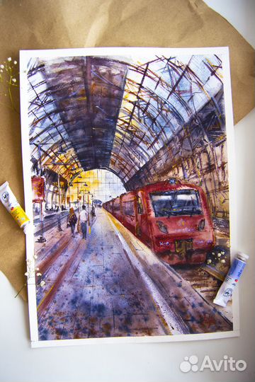 Картина акварелью поезд 