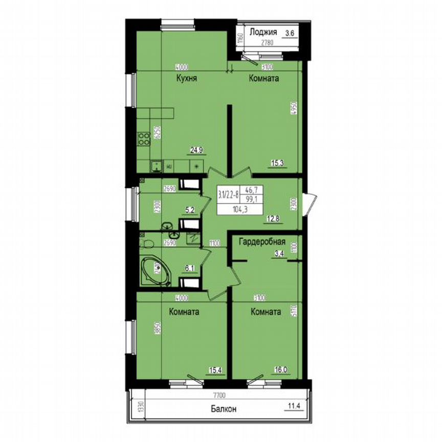 3-к. квартира, 104,3 м², 2/23 эт.