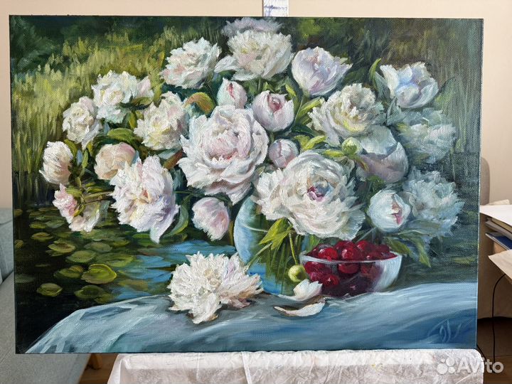 Большая картина маслом. Пионы. 50х50