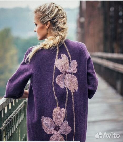 Новое Валяное пальто-кокон с шелковыми цветами, ра