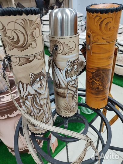 Термос в чехле из натуральной кожи