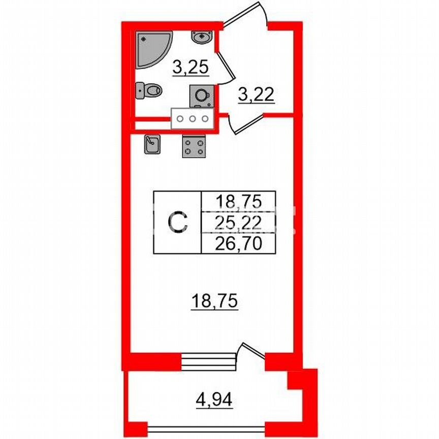 Квартира-студия, 25,2 м², 6/12 эт.