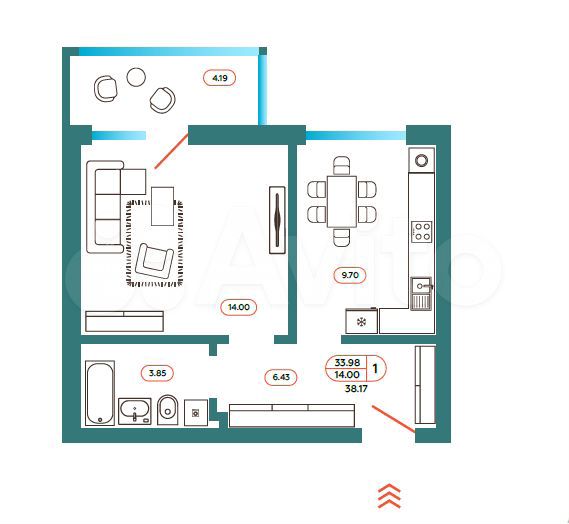 1-к. квартира, 38 м², 4/9 эт.