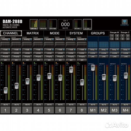 Relacart DAM-208D, 20-канальный цифровой автоматический микшер с интерфейсом Dante, 20х8 matrix