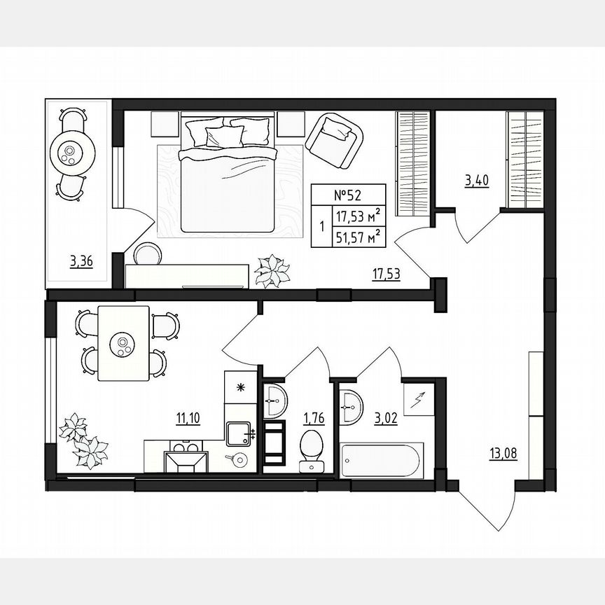 1-к. квартира, 51,6 м², 2/4 эт.