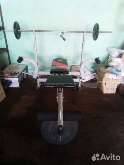 Скамья,стойка для штанги,гриф, блины